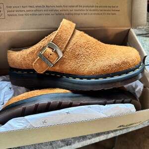 Dr. Martens Isham Faux Shearling Lined Long Napped Suede Slingback Mules in Peca